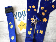 Load image into Gallery viewer, Navy blue with gold stars lanyard. You are a star quick release, ID holder