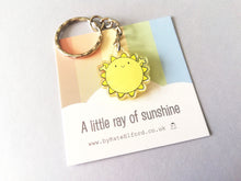 Load image into Gallery viewer, A little ray of sunshine keyring, mini cute positive key fob, friendship, thank you, postable, supportive, happy tiny recycled acrylic
