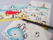 Load image into Gallery viewer, Penguin seaside set of three postcards