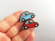 Load image into Gallery viewer, Penguin beetle enamel pin, Wilf on a road trip, little penguin badge, cute car pins, soft enamel brooch pins, blue or red enamel badges