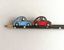 Load image into Gallery viewer, Penguin beetle enamel pin, Wilf on a road trip, little penguin badge, cute car pins, soft enamel brooch pins, blue or red enamel badges