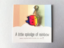 Load image into Gallery viewer, A little splodge of rainbow stitch of marker. Made from recycled clear acrylic. A little happy character in rainbow colours
