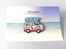 Load image into Gallery viewer, Penguin ice cream van enamel pin, road trip, Wilf the penguin badge, cute truck pins, soft enamel lolly brooch pins