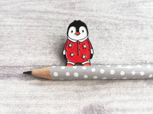 Load image into Gallery viewer, Seconds - Penguin enamel pin, life is better in pyjamas. Pink, blue or red pin