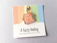Load image into Gallery viewer, A fuzzy feeling stitch marker, cute positive charm, friendship, positivity, love, happiness recycled acrylic