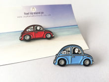 Load image into Gallery viewer, Penguin beetle enamel pin, Wilf on a road trip, little penguin badge, cute car pins, soft enamel brooch pins, blue or red enamel badges