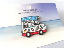 Load image into Gallery viewer, Penguin ice cream van enamel pin, road trip, Wilf the penguin badge, cute truck pins, soft enamel lolly brooch pins