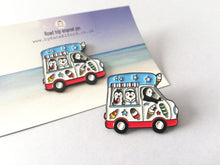 Load image into Gallery viewer, Penguin ice cream van enamel pin, road trip, Wilf the penguin badge, cute truck pins, soft enamel lolly brooch pins