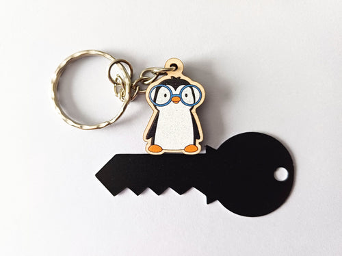 Penguin in glasses keyring, mini wooden key fob, penguin key chain, eco friendly charm, responsibly resourced wood