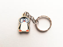 Load image into Gallery viewer, Penguin in glasses keyring, mini wooden key fob, penguin key chain, eco friendly charm, responsibly resourced wood