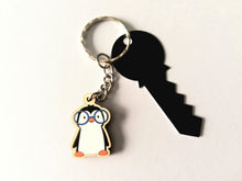Load image into Gallery viewer, Penguin in glasses keyring, mini wooden key fob, penguin key chain, eco friendly charm, responsibly resourced wood

