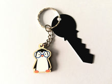 Load image into Gallery viewer, Penguin in glasses keyring, mini wooden key fob, penguin key chain, eco friendly charm, responsibly resourced wood