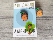 Load image into Gallery viewer, Mini wooden acorn pin, positive, achievement gift. Responsibly resourced wood, school gift, teacher gift
