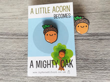 Load image into Gallery viewer, Mini wooden acorn pin, positive, achievement gift. Responsibly resourced wood, school gift, teacher gift