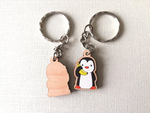Load image into Gallery viewer, Tiny penguin keyring, mini penguin wooden key fob, ethically sourced wood, penguin key chain, bag charm