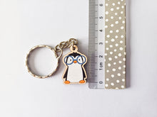 Load image into Gallery viewer, Penguin in glasses keyring, mini wooden key fob, penguin key chain, eco friendly charm, responsibly resourced wood
