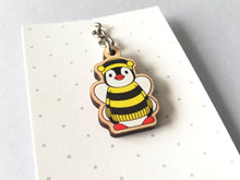 Load image into Gallery viewer, Tiny penguin bee keyring, mini penguin wooden key fob, ethically sourced wood, Boo the penguin dressed as a bee, eco friendly