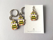 Load image into Gallery viewer, Tiny penguin bee keyring, mini penguin wooden key fob, ethically sourced wood, Boo the penguin dressed as a bee, eco friendly