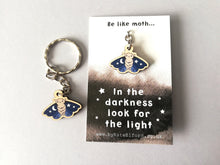 Load image into Gallery viewer, Mini moth keyring, cute positive tiny key fob, in the darkness look for light