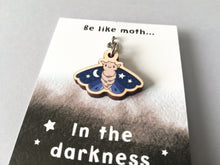 Load image into Gallery viewer, Mini moth keyring, cute positive tiny key fob, in the darkness look for light