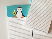 Load image into Gallery viewer, Penguin shopping list notepad. Go bananas, write a list, DL jotter pad