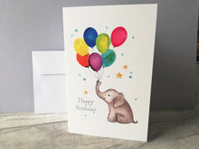 Load image into Gallery viewer, Elephant birthday card. Happy birthday. Cute elephant and balloon birthday card