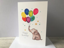 Load image into Gallery viewer, Elephant birthday card. Happy birthday. Cute elephant and balloon birthday card