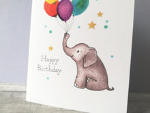 Load image into Gallery viewer, Elephant birthday card. Happy birthday. Cute elephant and balloon birthday card