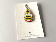 Load image into Gallery viewer, Tiny penguin bee keyring, mini penguin wooden key fob, ethically sourced wood, Boo the penguin dressed as a bee, eco friendly