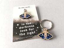 Load image into Gallery viewer, Mini moth keyring, cute positive tiny key fob, in the darkness look for light