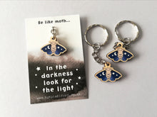 Load image into Gallery viewer, Mini moth keyring, cute positive tiny key fob, in the darkness look for light