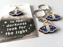 Load image into Gallery viewer, Mini moth keyring, cute positive tiny key fob, in the darkness look for light