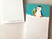 Load image into Gallery viewer, Penguin shopping list notepad. Go bananas, write a list, DL jotter pad
