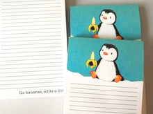 Load image into Gallery viewer, Penguin shopping list notepad. Go bananas, write a list, DL jotter pad