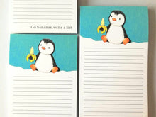 Load image into Gallery viewer, Penguin shopping list notepad. Go bananas, write a list, DL jotter pad