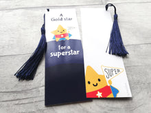 Load image into Gallery viewer, Gold star for a superstar bookmark, cute positive gift, thank you, teacher gift, congratulations
