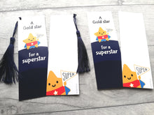 Load image into Gallery viewer, Gold star for a superstar bookmark, cute positive gift, thank you, teacher gift, congratulations