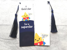 Load image into Gallery viewer, Gold star for a superstar bookmark, cute positive gift, thank you, teacher gift, congratulations