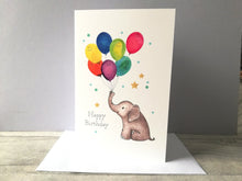 Load image into Gallery viewer, Elephant birthday card. Happy birthday. Cute elephant and balloon birthday card