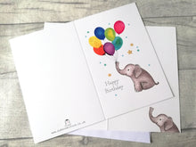 Load image into Gallery viewer, Elephant birthday card. Happy birthday. Cute elephant and balloon birthday card