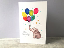Load image into Gallery viewer, Elephant birthday card. Happy birthday. Cute elephant and balloon birthday card