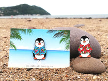 Load image into Gallery viewer, Penguin Hawian shirt enamel pin, summer penguin brooch. Boo the penguin, beach pin, floral shirt