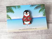 Load image into Gallery viewer, Penguin Hawian shirt enamel pin, summer penguin brooch. Boo the penguin, beach pin, floral shirt