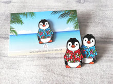Load image into Gallery viewer, Penguin Hawian shirt enamel pin, summer penguin brooch. Boo the penguin, beach pin, floral shirt