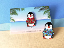 Load image into Gallery viewer, Penguin Hawian shirt enamel pin, summer penguin brooch. Boo the penguin, beach pin, floral shirt