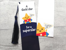 Load image into Gallery viewer, Gold star for a superstar bookmark, cute positive gift, thank you, teacher gift, congratulations