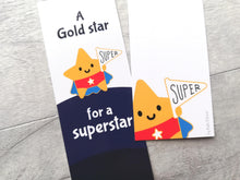 Load image into Gallery viewer, Gold star for a superstar bookmark, cute positive gift, thank you, teacher gift, congratulations