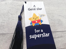 Load image into Gallery viewer, Gold star for a superstar bookmark, cute positive gift, thank you, teacher gift, congratulations