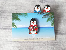 Load image into Gallery viewer, Penguin Hawian shirt enamel pin, summer penguin brooch. Boo the penguin, beach pin, floral shirt