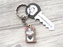 Load image into Gallery viewer, Tiny hamster keyring, mini ginger or grey wooden key fob, sunflower seed heart, eco friendly wood, key chain